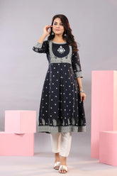 Women Indigo Rayon Printed A-Line Kurta